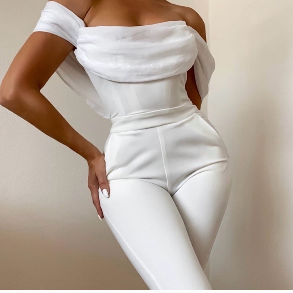 Miss Circle Sherlyn White Off-Shoulder Flared Jumpsuit (Worn Once)